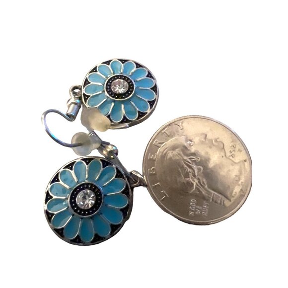 Vintage Pierced Earrings Blue Drop Dangle Crystal Floral Enamel Silver Tone - Picture 6 of 6